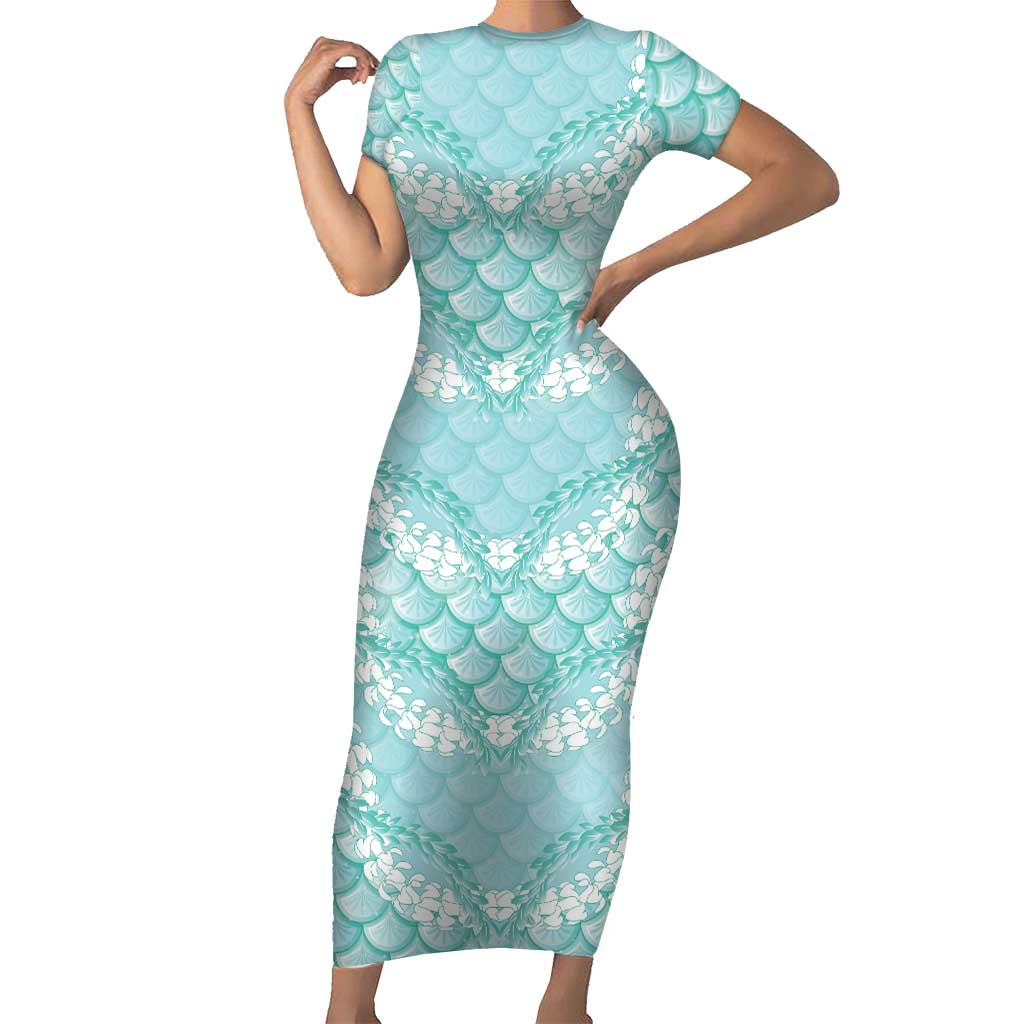 Light Turquoise Mermaid Puakenikeni Maile Lei Family Matching Short Sleeve Bodycon Dress and Hawaiian Shirt