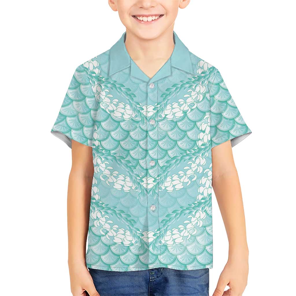 Light Turquoise Mermaid Puakenikeni Maile Lei Kid Hawaiian Shirt LT01 Kid Turquoise - Polynesian Pride