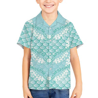 Light Turquoise Mermaid Puakenikeni Maile Lei Kid Hawaiian Shirt LT01 Kid Turquoise - Polynesian Pride