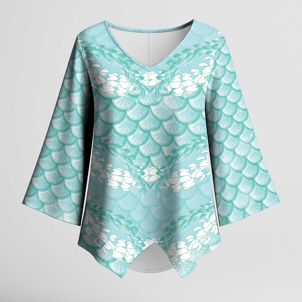 Light Turquoise Mermaid Puakenikeni Maile Lei Kimono Sleeve Blouse LT01 Female Turquoise - Polynesian Pride