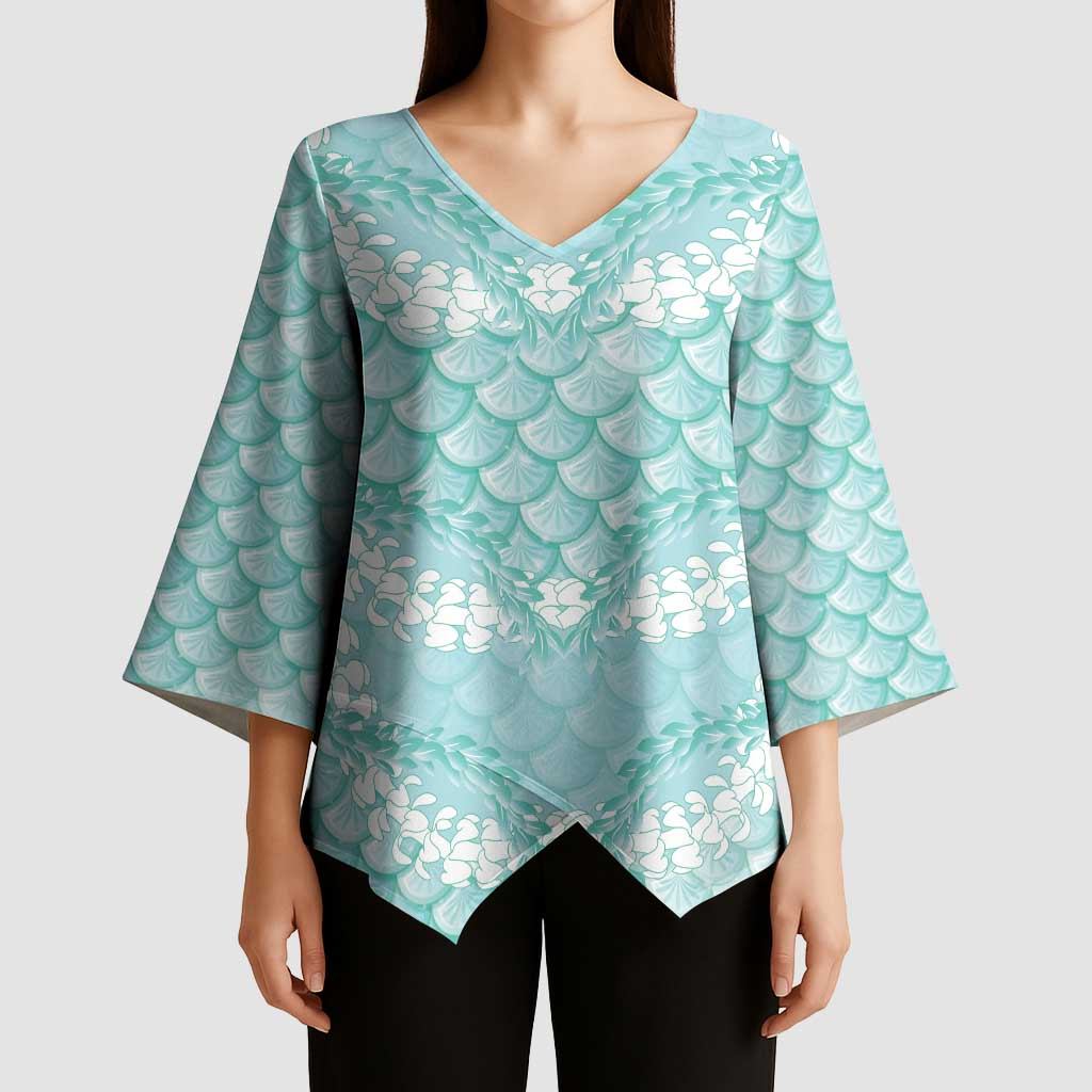 Light Turquoise Mermaid Puakenikeni Maile Lei Kimono Sleeve Blouse LT01 - Polynesian Pride