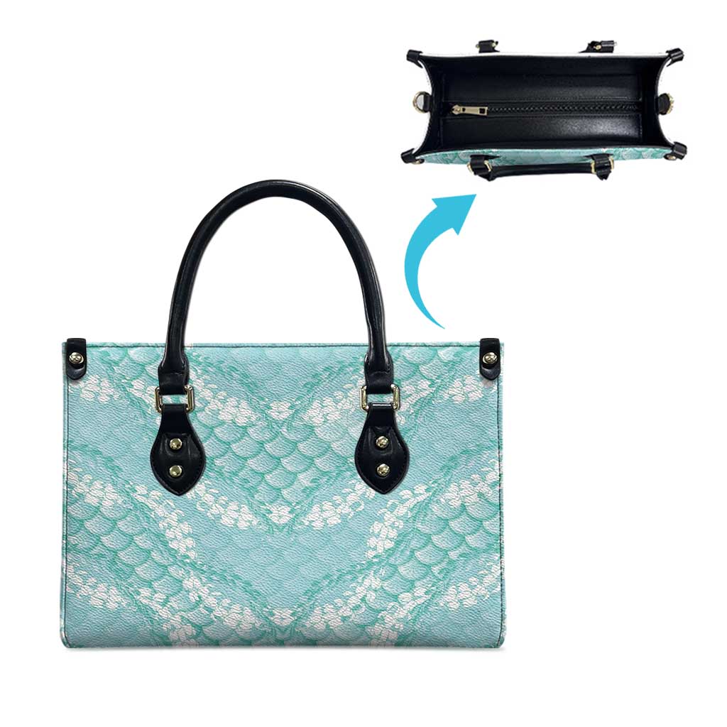 Light Turquoise Mermaid Puakenikeni Maile Lei Leather Bag