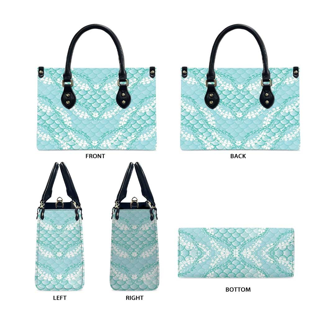 Light Turquoise Mermaid Puakenikeni Maile Lei Leather Bag