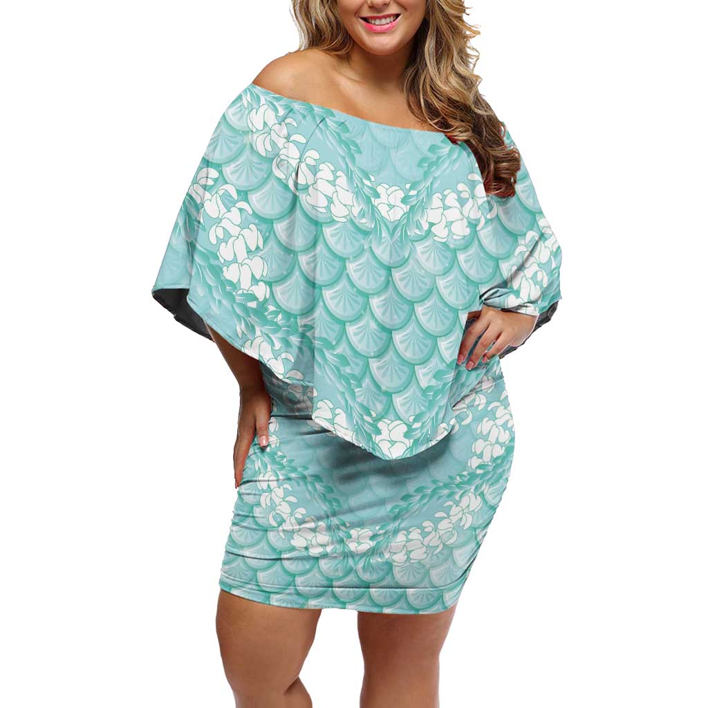 Light Turquoise Mermaid Puakenikeni Maile Lei Off Shoulder Short Dress LT01 Women Turquoise - Polynesian Pride