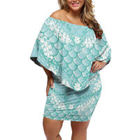 Light Turquoise Mermaid Puakenikeni Maile Lei Off Shoulder Short Dress LT01 Women Turquoise - Polynesian Pride