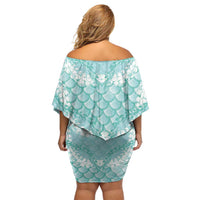 Light Turquoise Mermaid Puakenikeni Maile Lei Off Shoulder Short Dress LT01 - Polynesian Pride