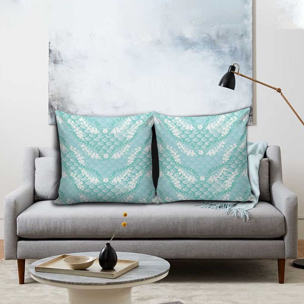 Light Turquoise Mermaid Puakenikeni Maile Lei Pillow Cover