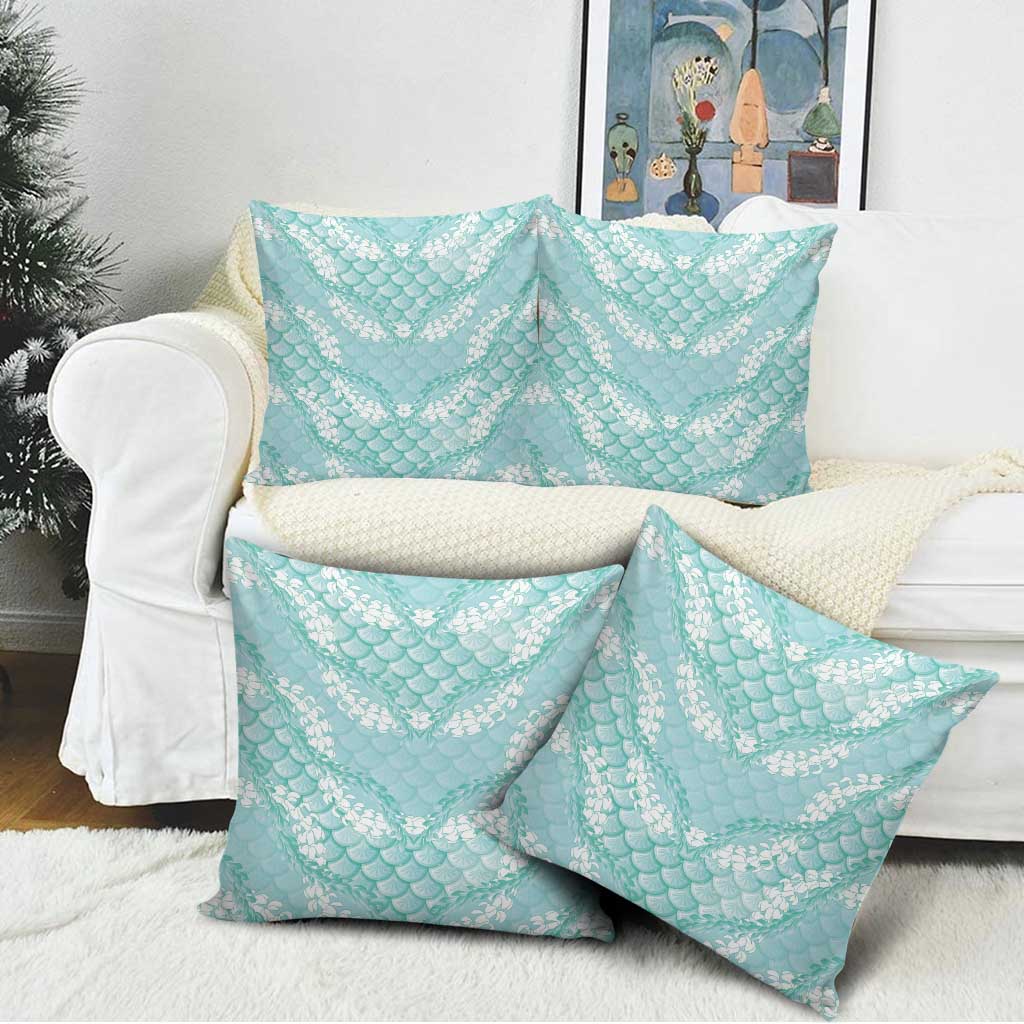Light Turquoise Mermaid Puakenikeni Maile Lei Pillow Cover