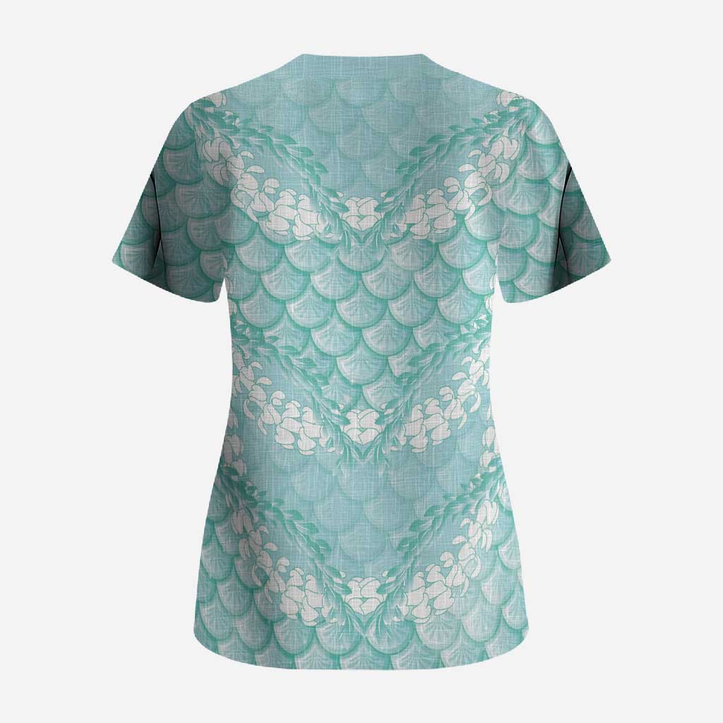 Light Turquoise Mermaid Puakenikeni Maile Lei Scrub Top