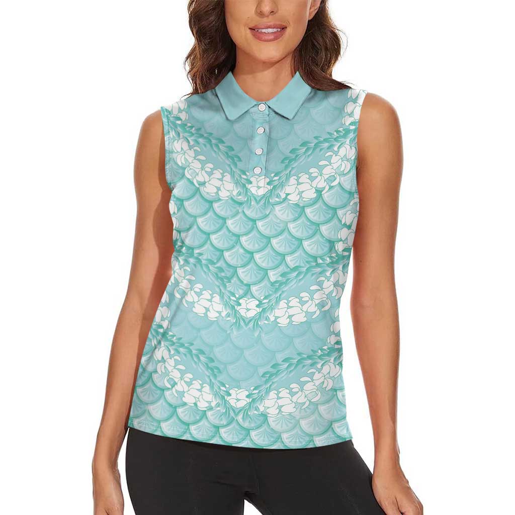 Light Turquoise Mermaid Puakenikeni Maile Lei Women Sleeveless Polo Shirt