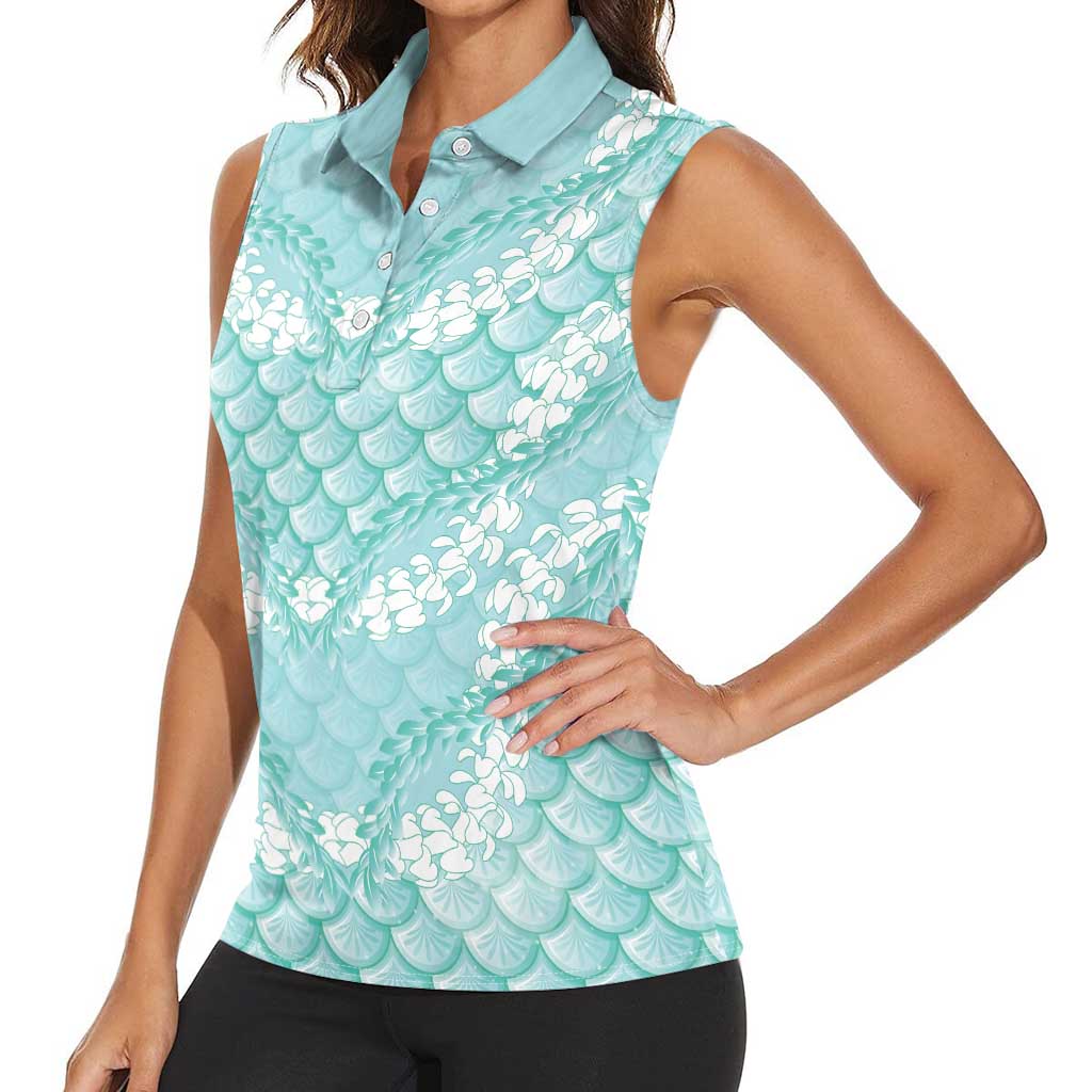 Light Turquoise Mermaid Puakenikeni Maile Lei Women Sleeveless Polo Shirt