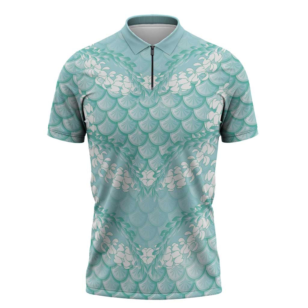 Light Turquoise Mermaid Puakenikeni Maile Lei Zipper Polo Shirt