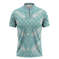 Light Turquoise Mermaid Puakenikeni Maile Lei Zipper Polo Shirt