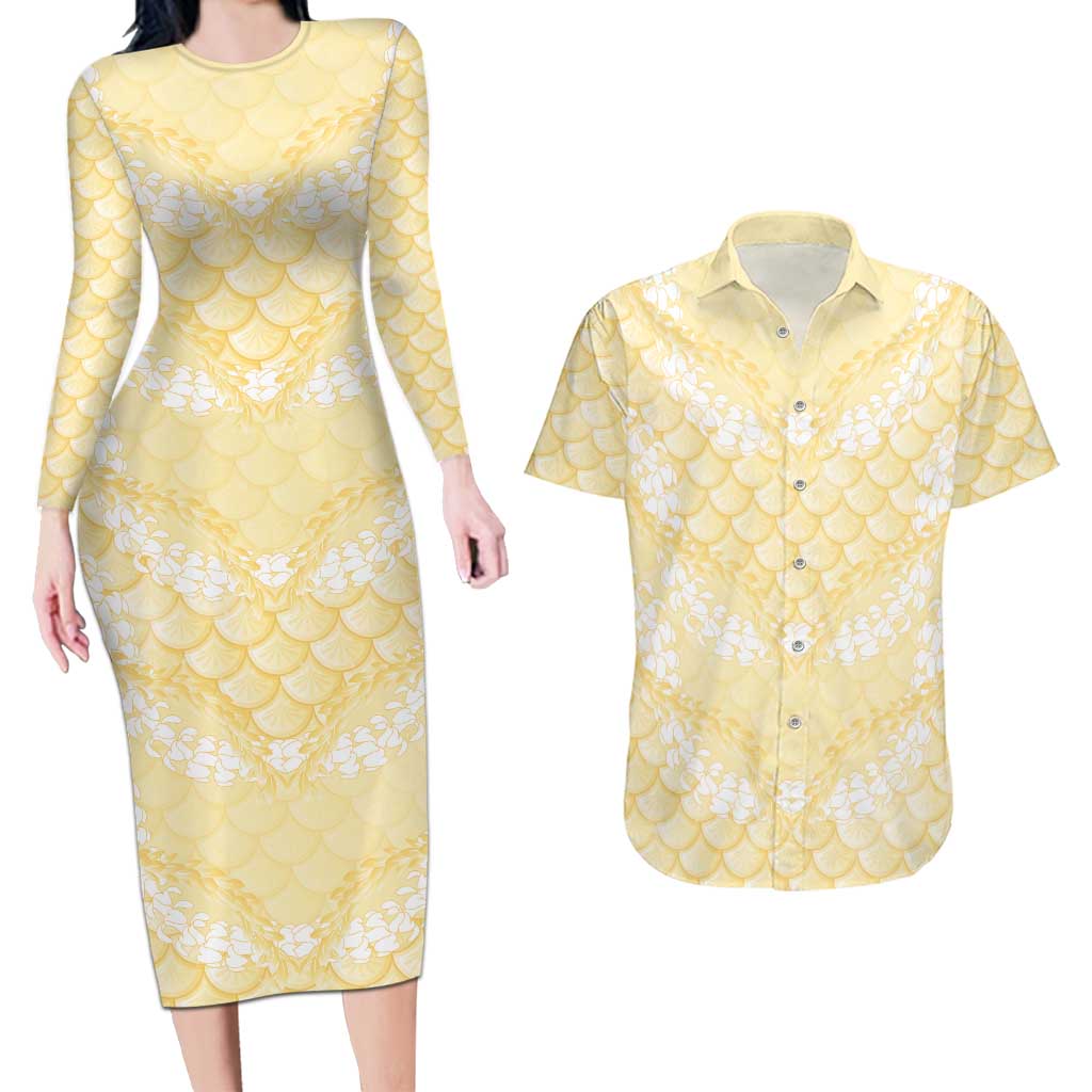Pastel Yellow Mermaid Puakenikeni Maile Lei Couples Matching Long Sleeve Bodycon Dress and Hawaiian Shirt