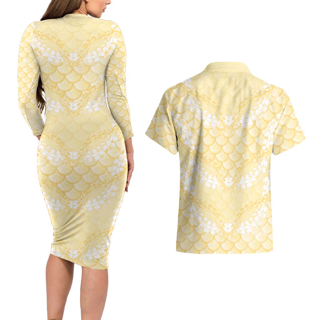 Pastel Yellow Mermaid Puakenikeni Maile Lei Couples Matching Long Sleeve Bodycon Dress and Hawaiian Shirt