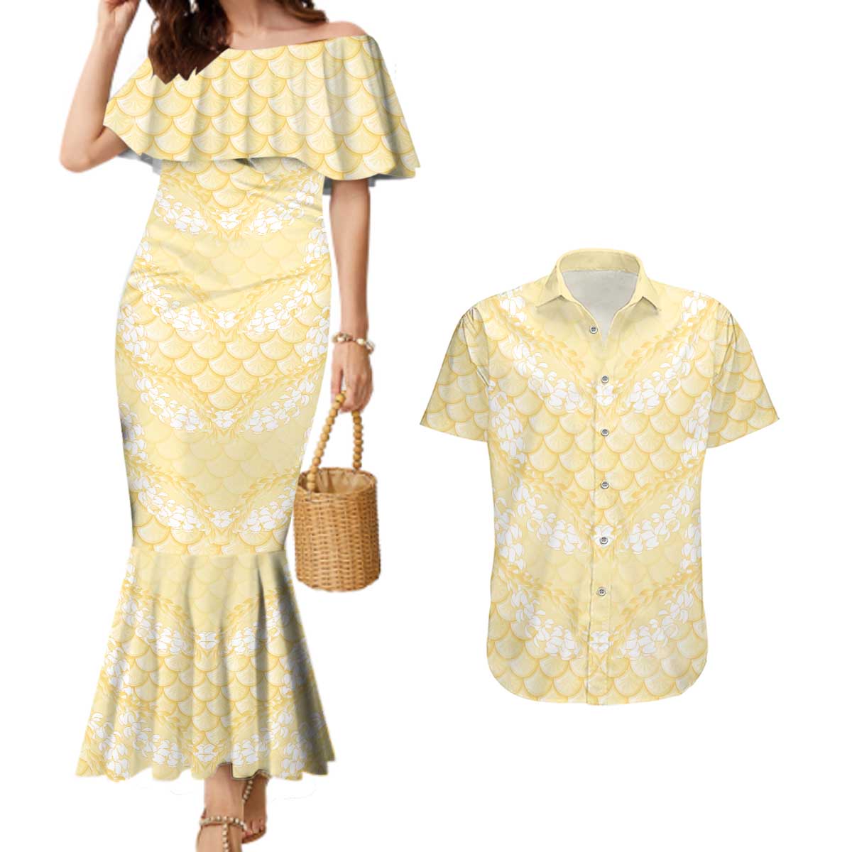 Pastel Yellow Mermaid Puakenikeni Maile Lei Couples Matching Mermaid Dress and Hawaiian Shirt
