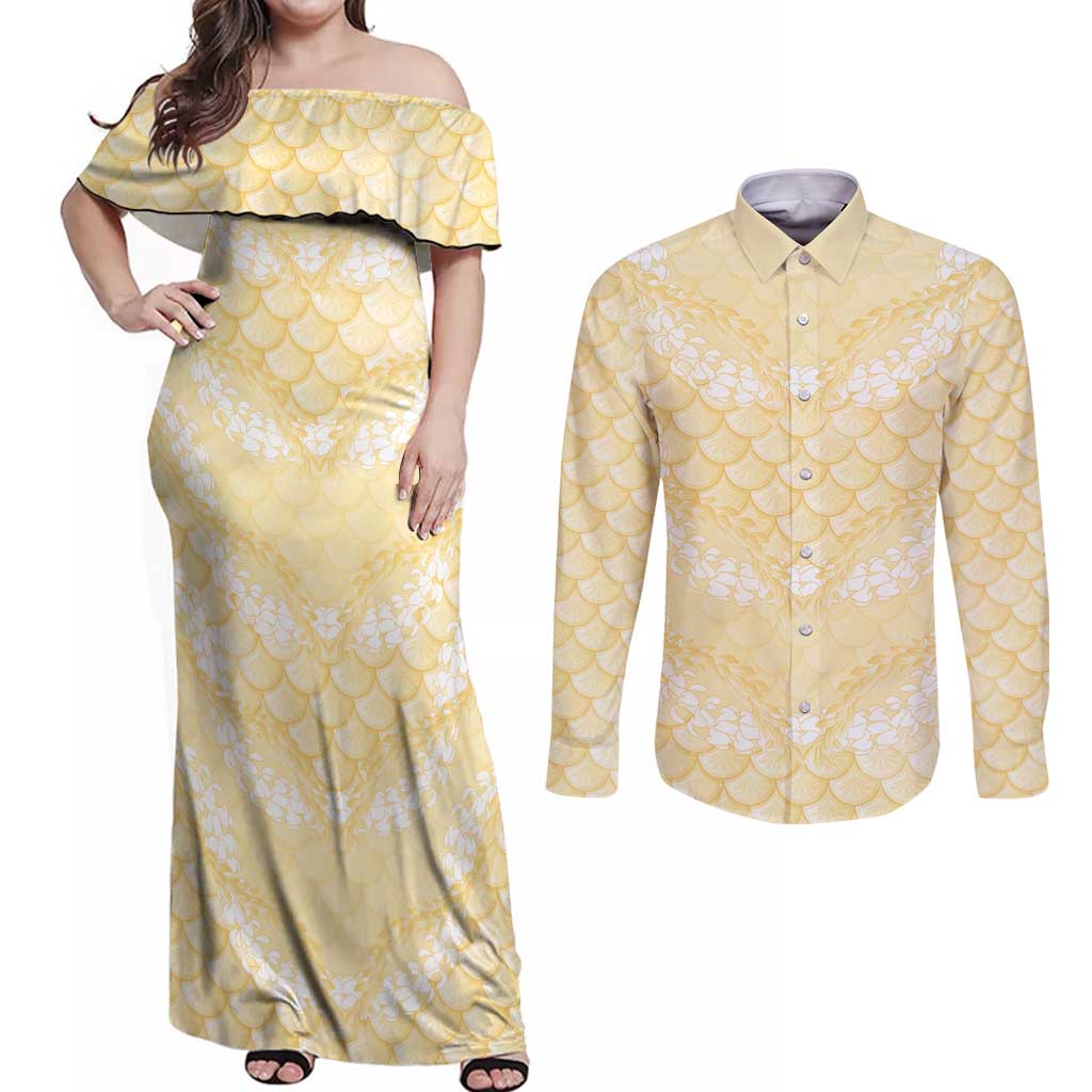 Pastel Yellow Mermaid Puakenikeni Maile Lei Couples Matching Off Shoulder Maxi Dress and Long Sleeve Button Shirt