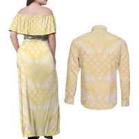 Pastel Yellow Mermaid Puakenikeni Maile Lei Couples Matching Off Shoulder Maxi Dress and Long Sleeve Button Shirt
