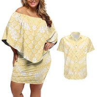 Pastel Yellow Mermaid Puakenikeni Maile Lei Couples Matching Off Shoulder Short Dress and Hawaiian Shirt