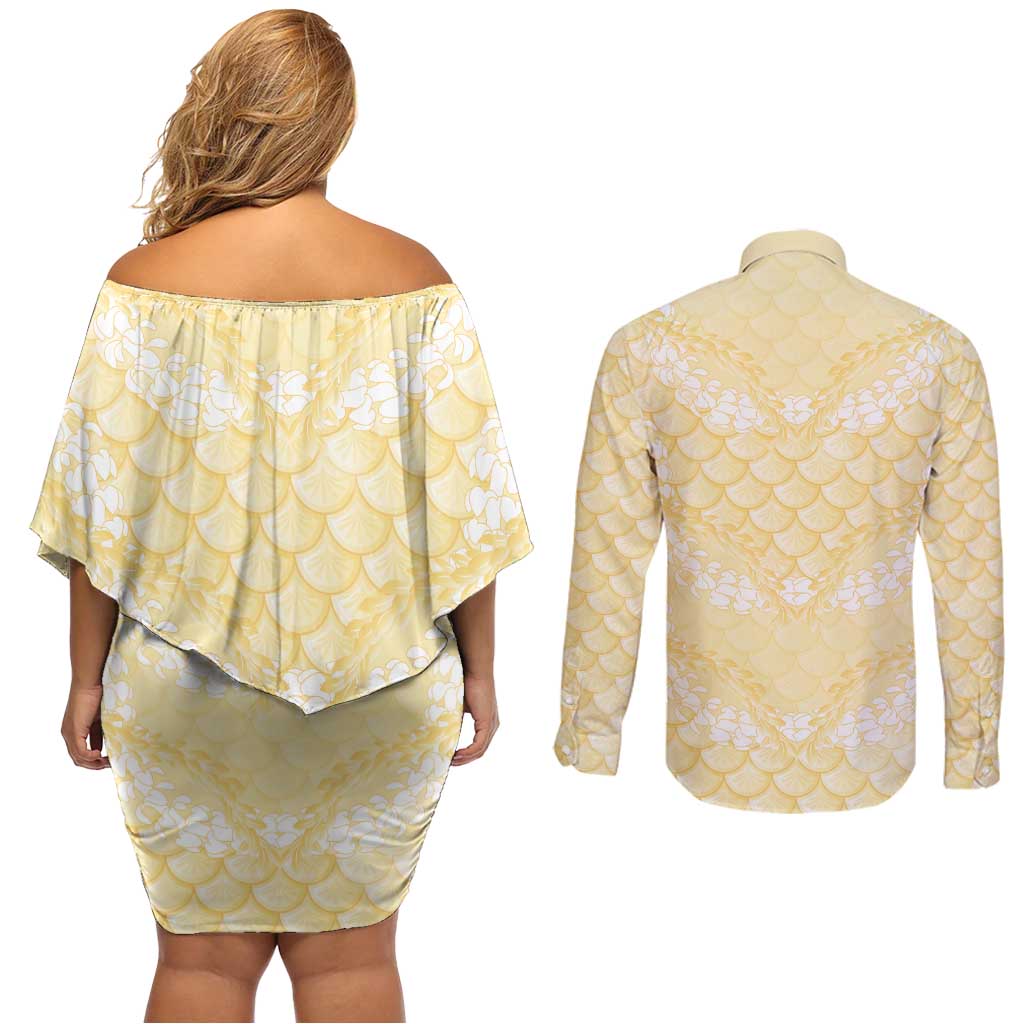 Pastel Yellow Mermaid Puakenikeni Maile Lei Couples Matching Off Shoulder Short Dress and Long Sleeve Button Shirt