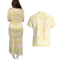 Pastel Yellow Mermaid Puakenikeni Maile Lei Couples Matching Puletasi and Hawaiian Shirt