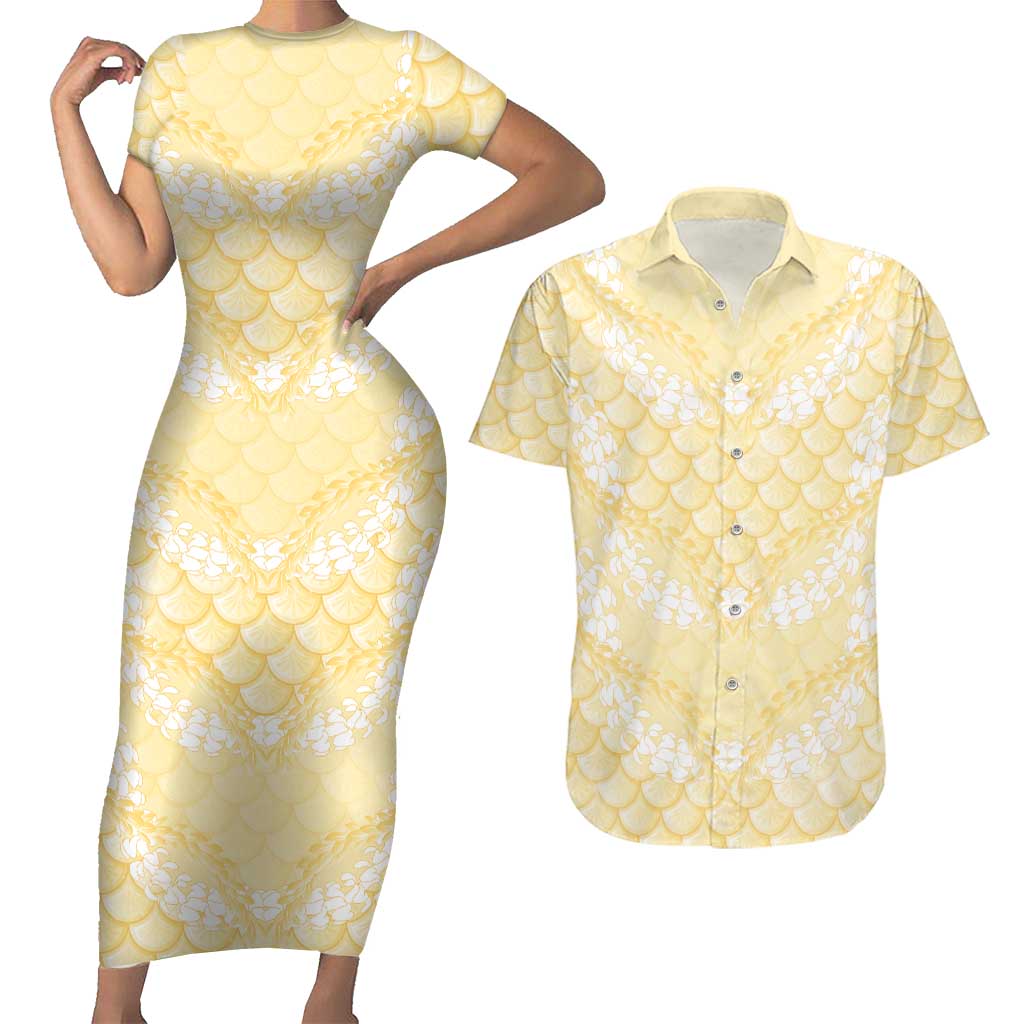 Pastel Yellow Mermaid Puakenikeni Maile Lei Couples Matching Short Sleeve Bodycon Dress and Hawaiian Shirt