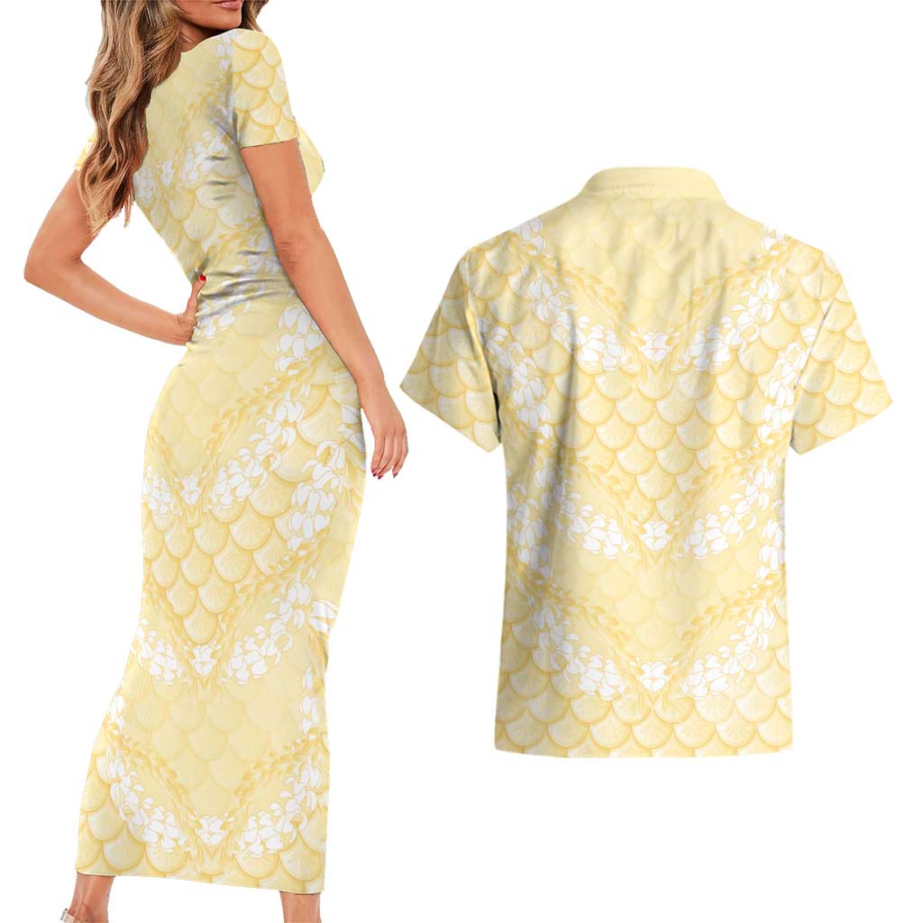 Pastel Yellow Mermaid Puakenikeni Maile Lei Couples Matching Short Sleeve Bodycon Dress and Hawaiian Shirt