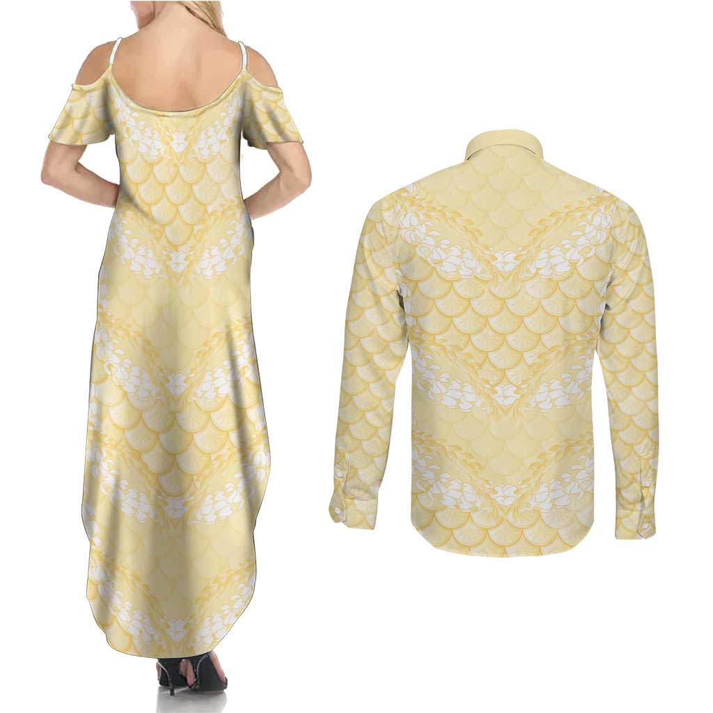 Pastel Yellow Mermaid Puakenikeni Maile Lei Couples Matching Summer Maxi Dress and Long Sleeve Button Shirt