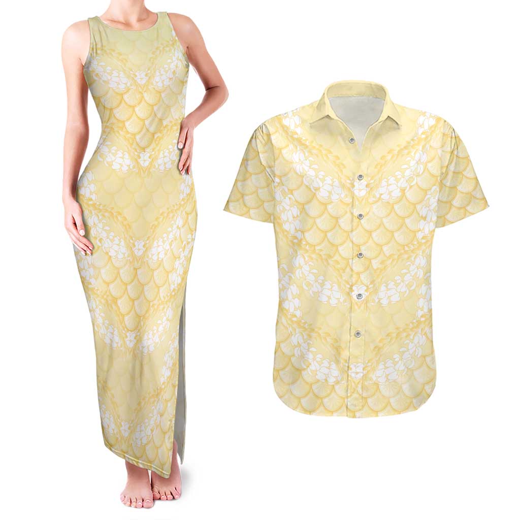 Pastel Yellow Mermaid Puakenikeni Maile Lei Couples Matching Tank Maxi Dress and Hawaiian Shirt