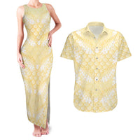 Pastel Yellow Mermaid Puakenikeni Maile Lei Couples Matching Tank Maxi Dress and Hawaiian Shirt