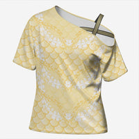 Pastel Yellow Mermaid Puakenikeni Maile Lei Cross Shoulder Shirt