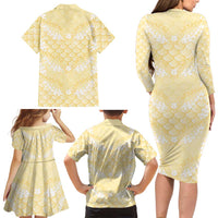 Pastel Yellow Mermaid Puakenikeni Maile Lei Family Matching Long Sleeve Bodycon Dress and Hawaiian Shirt