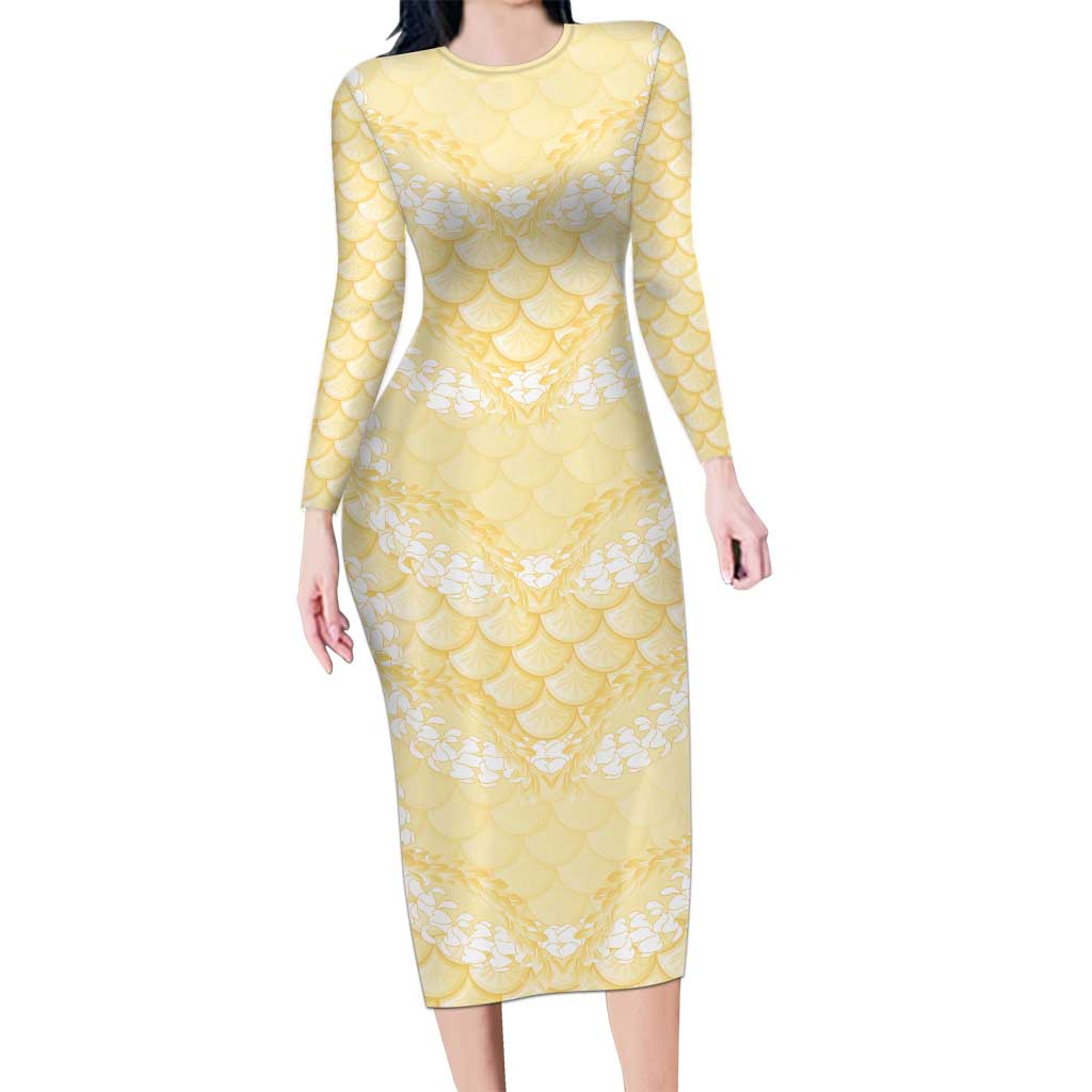 Pastel Yellow Mermaid Puakenikeni Maile Lei Family Matching Long Sleeve Bodycon Dress and Hawaiian Shirt