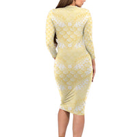 Pastel Yellow Mermaid Puakenikeni Maile Lei Family Matching Long Sleeve Bodycon Dress and Hawaiian Shirt