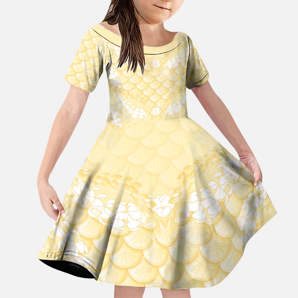 Pastel Yellow Mermaid Puakenikeni Maile Lei Family Matching Mermaid Dress and Hawaiian Shirt LT01 Daughter's Dress Yellow - Polynesian Pride