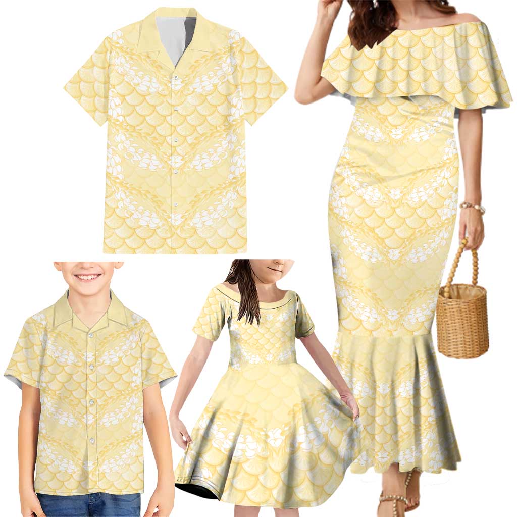 Pastel Yellow Mermaid Puakenikeni Maile Lei Family Matching Mermaid Dress and Hawaiian Shirt LT01 - Polynesian Pride