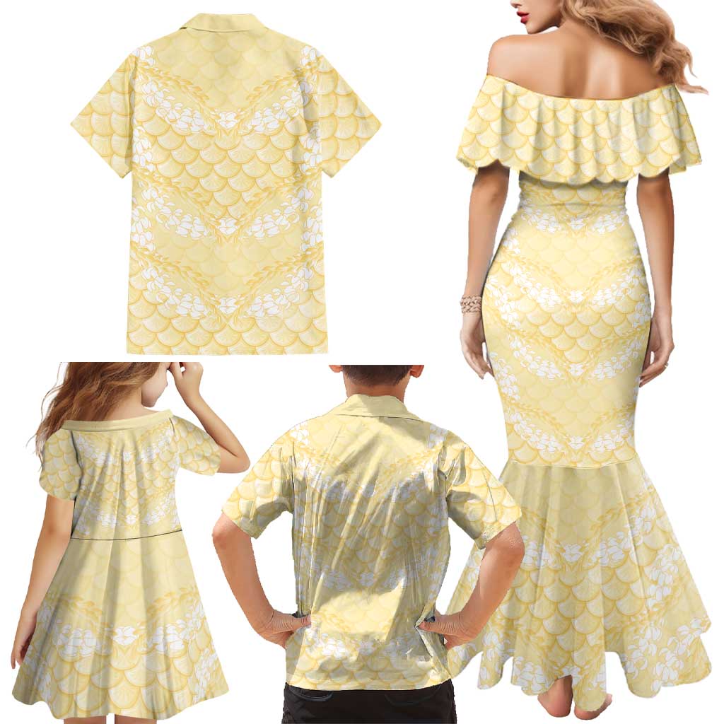 Pastel Yellow Mermaid Puakenikeni Maile Lei Family Matching Mermaid Dress and Hawaiian Shirt LT01 - Polynesian Pride