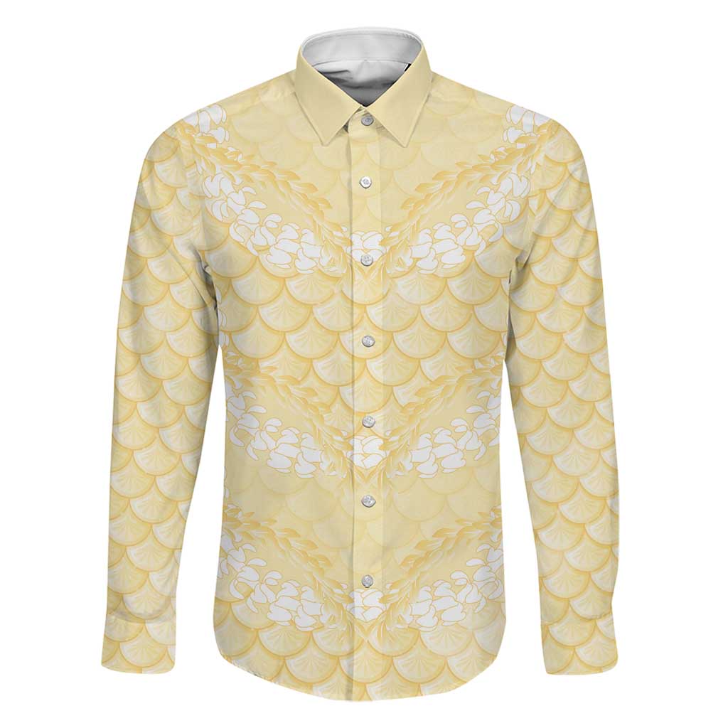 Pastel Yellow Mermaid Puakenikeni Maile Lei Family Matching Mermaid Dress and Hawaiian Shirt LT01 Dad's Shirt - Long Sleeve Yellow - Polynesian Pride