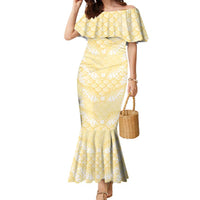 Pastel Yellow Mermaid Puakenikeni Maile Lei Family Matching Mermaid Dress and Hawaiian Shirt LT01 Mom's Dress Yellow - Polynesian Pride
