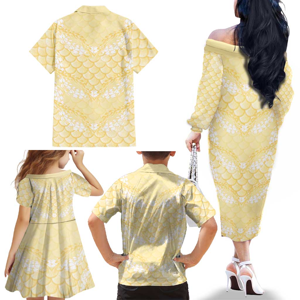 Pastel Yellow Mermaid Puakenikeni Maile Lei Family Matching Off The Shoulder Long Sleeve Dress and Hawaiian Shirt