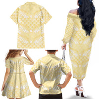 Pastel Yellow Mermaid Puakenikeni Maile Lei Family Matching Off The Shoulder Long Sleeve Dress and Hawaiian Shirt