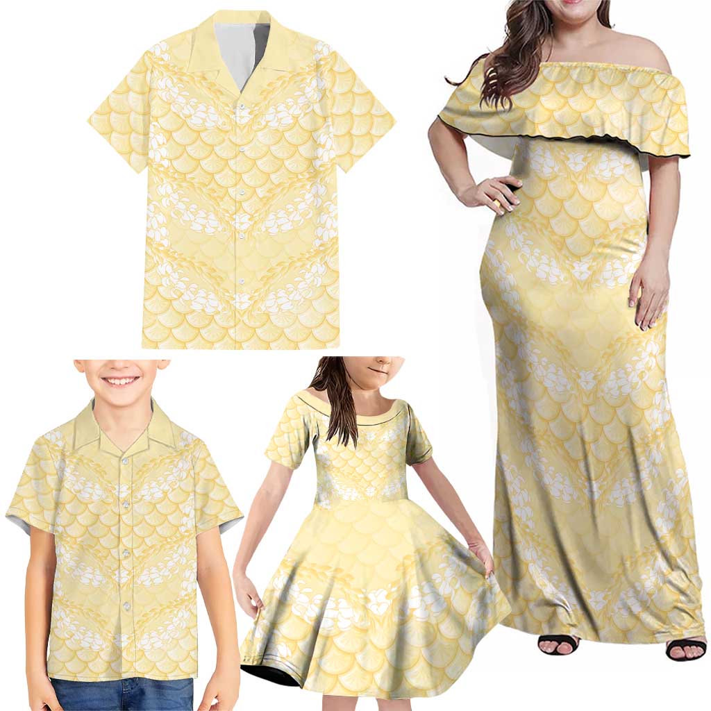Pastel Yellow Mermaid Puakenikeni Maile Lei Family Matching Off Shoulder Maxi Dress and Hawaiian Shirt
