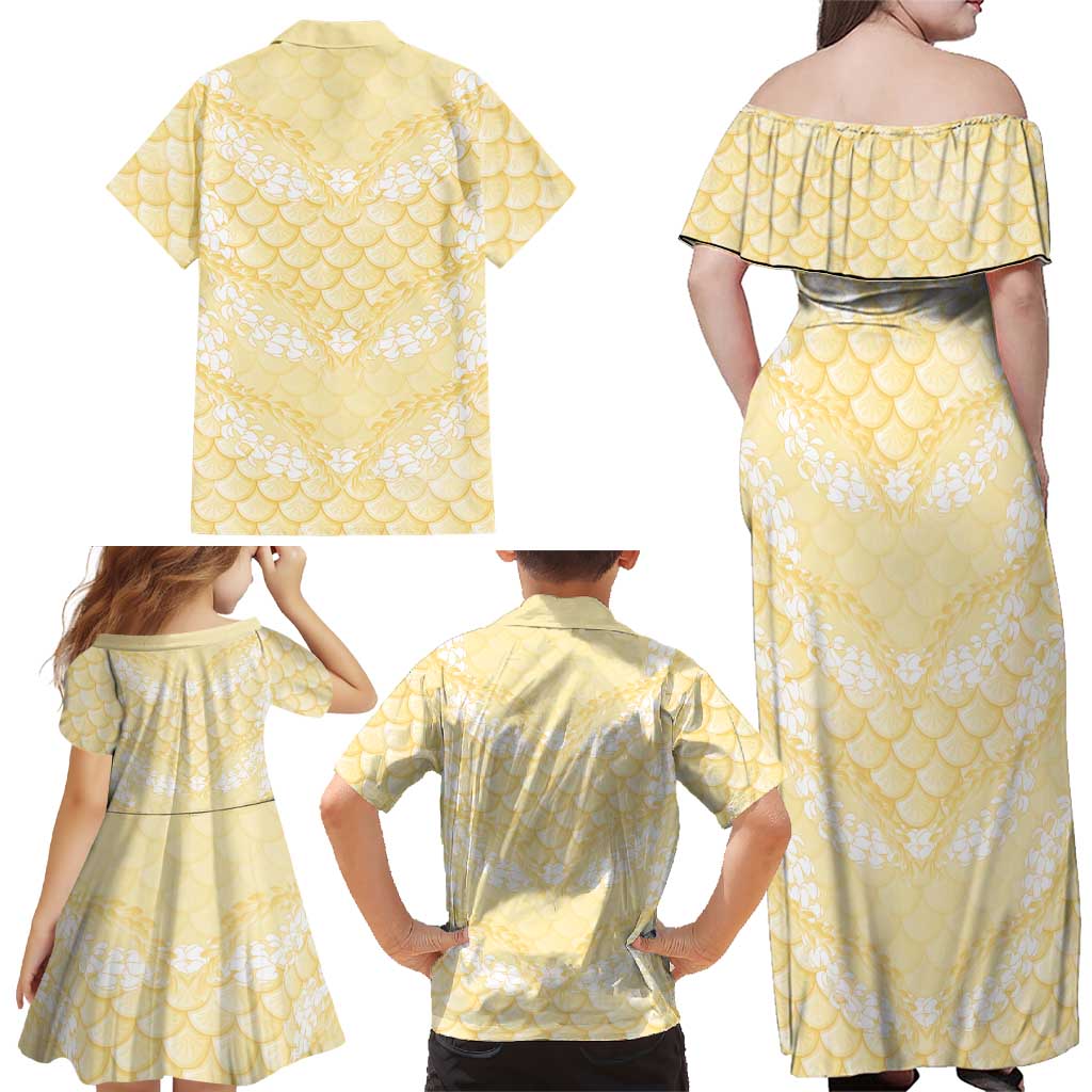 Pastel Yellow Mermaid Puakenikeni Maile Lei Family Matching Off Shoulder Maxi Dress and Hawaiian Shirt