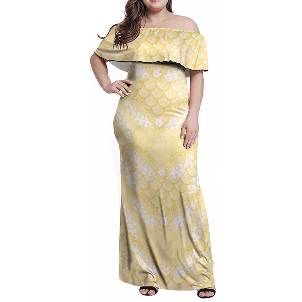 Pastel Yellow Mermaid Puakenikeni Maile Lei Family Matching Off Shoulder Maxi Dress and Hawaiian Shirt