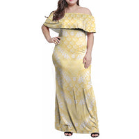 Pastel Yellow Mermaid Puakenikeni Maile Lei Family Matching Off Shoulder Maxi Dress and Hawaiian Shirt
