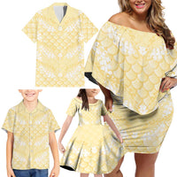 Pastel Yellow Mermaid Puakenikeni Maile Lei Family Matching Off Shoulder Short Dress and Hawaiian Shirt