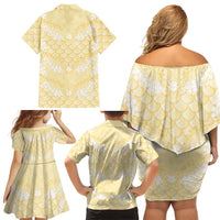 Pastel Yellow Mermaid Puakenikeni Maile Lei Family Matching Off Shoulder Short Dress and Hawaiian Shirt
