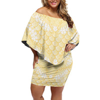 Pastel Yellow Mermaid Puakenikeni Maile Lei Family Matching Off Shoulder Short Dress and Hawaiian Shirt