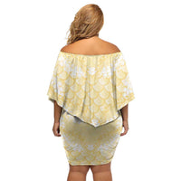 Pastel Yellow Mermaid Puakenikeni Maile Lei Family Matching Off Shoulder Short Dress and Hawaiian Shirt