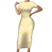 Pastel Yellow Mermaid Puakenikeni Maile Lei Family Matching Short Sleeve Bodycon Dress and Hawaiian Shirt